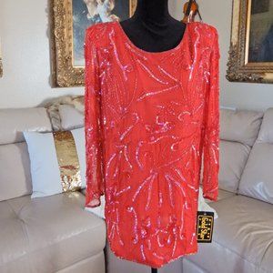 100% SILK SEQUIN BEADED BOHO COCKTAIL PARTY TOP M